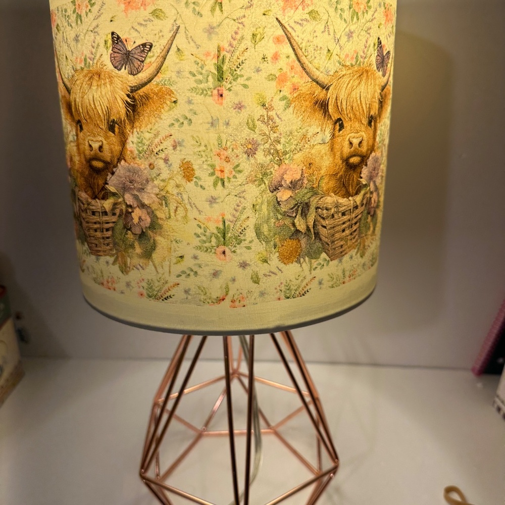 Rose Gold Metal  Bedside Lamp With Decoupaged Floral Highland Cow Shade - Picture 8 of 13